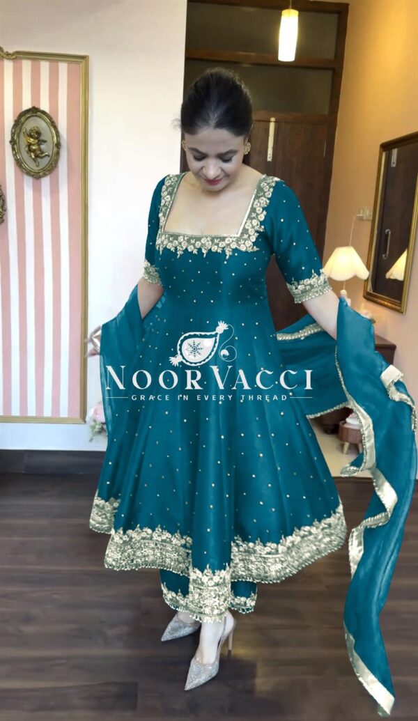 Buy Premium Party Wear Pur Vichitra Silk Anarkali Gown, Dupatta & Pent Plazzo Set