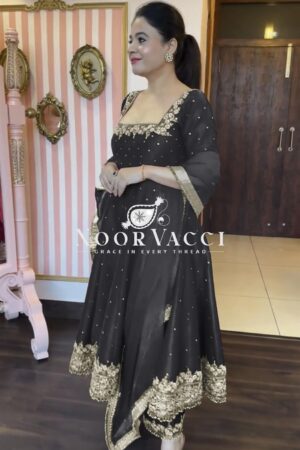 Shop Premium Party Wear Pur Vichitra Silk Anarkali Gown, Dupatta & Pent Plazzo Set