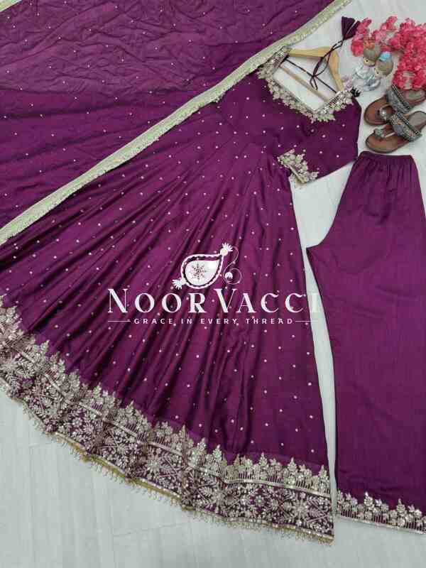 Premium Party Wear Pur Vichitra Silk Anarkali Gown, Dupatta & Pent Plazzo Set - Image 3