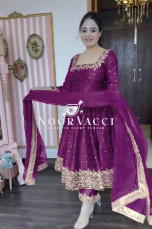 Shop Premium Party Wear Pur Vichitra Silk Anarkali Gown, Dupatta & Pent Plazzo Set