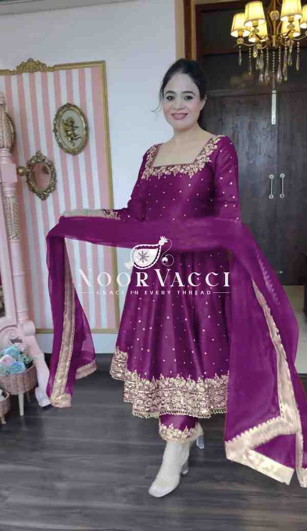 Premium Party Wear Pur Vichitra Silk Anarkali Gown, Dupatta & Pent Plazzo Set