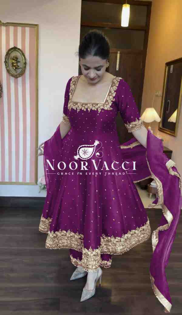 Premium Party Wear Pur Vichitra Silk Anarkali Gown, Dupatta & Pent Plazzo Set - Image 2