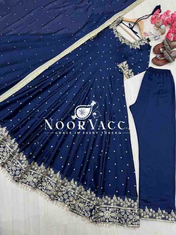 Premium Party Wear Pur Vichitra Silk Anarkali Gown, Dupatta & Pent Plazzo Set - Image 4