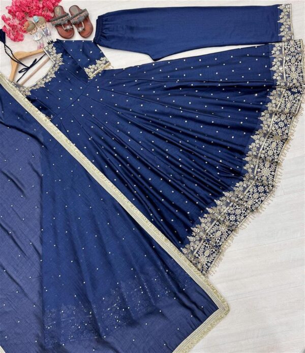 Buy Premium Party Wear Pur Vichitra Silk Anarkali Gown, Dupatta & Pent Plazzo Set - Image 3