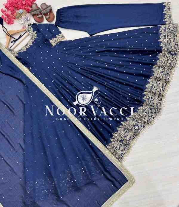 Premium Party Wear Pur Vichitra Silk Anarkali Gown, Dupatta & Pent Plazzo Set - Image 3