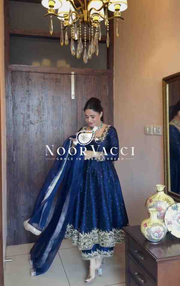 Premium Party Wear Pur Vichitra Silk Anarkali Gown, Dupatta & Pent Plazzo Set