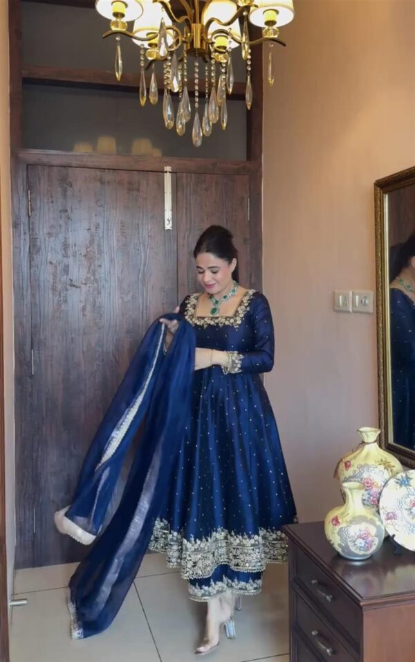 Buy Premium Party Wear Pur Vichitra Silk Anarkali Gown, Dupatta & Pent Plazzo Set