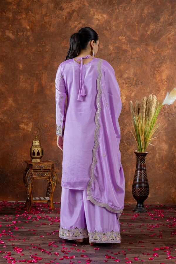 Buy Chinon Silk Embroidered Top Plazzo and Dupatta Set - Image 3