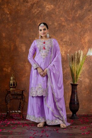 Buy Chinon Silk Embroidered Top Plazzo and Dupatta Set