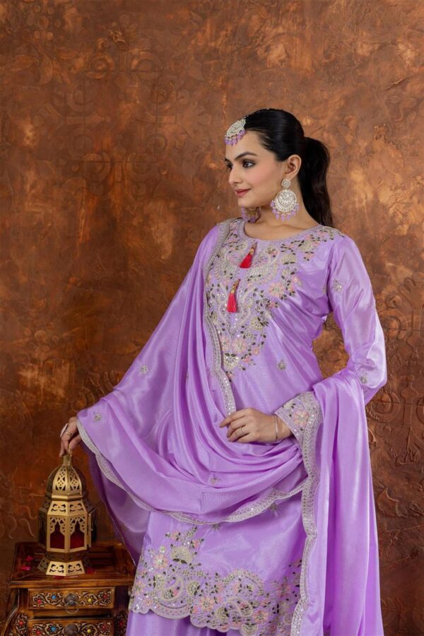 Buy Chinon Silk Embroidered Top Plazzo and Dupatta Set - Image 2