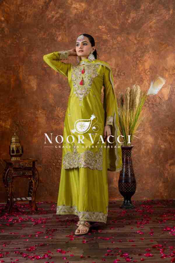Chinon Silk Embroidered Top Plazzo and Dupatta Set