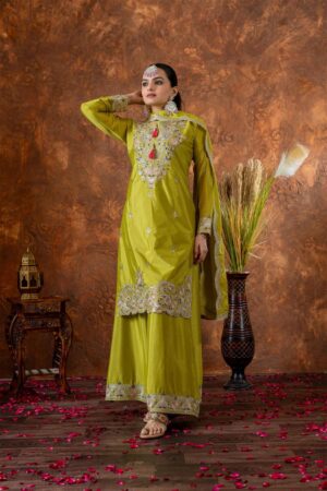 Shop Chinon Silk Embroidered Top Plazzo and Dupatta Set
