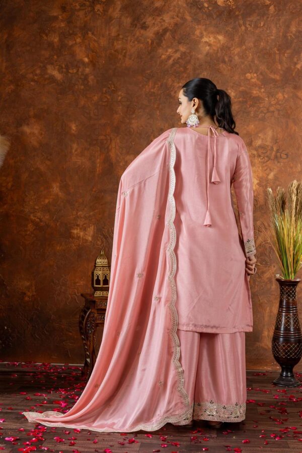Buy Chinon Silk Embroidered Top Plazzo and Dupatta Set - Image 4