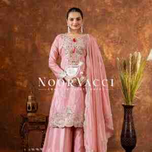 Chinon Silk Embroidered Top Plazzo and Dupatta Set