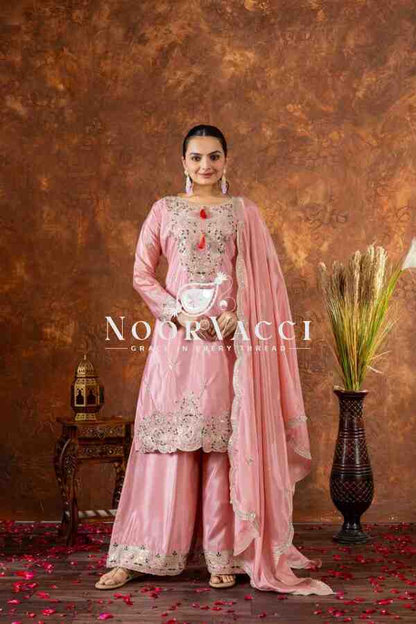 Chinon Silk Embroidered Top Plazzo and Dupatta Set