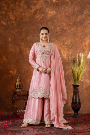 Buy Chinon Silk Embroidered Top Plazzo and Dupatta Set