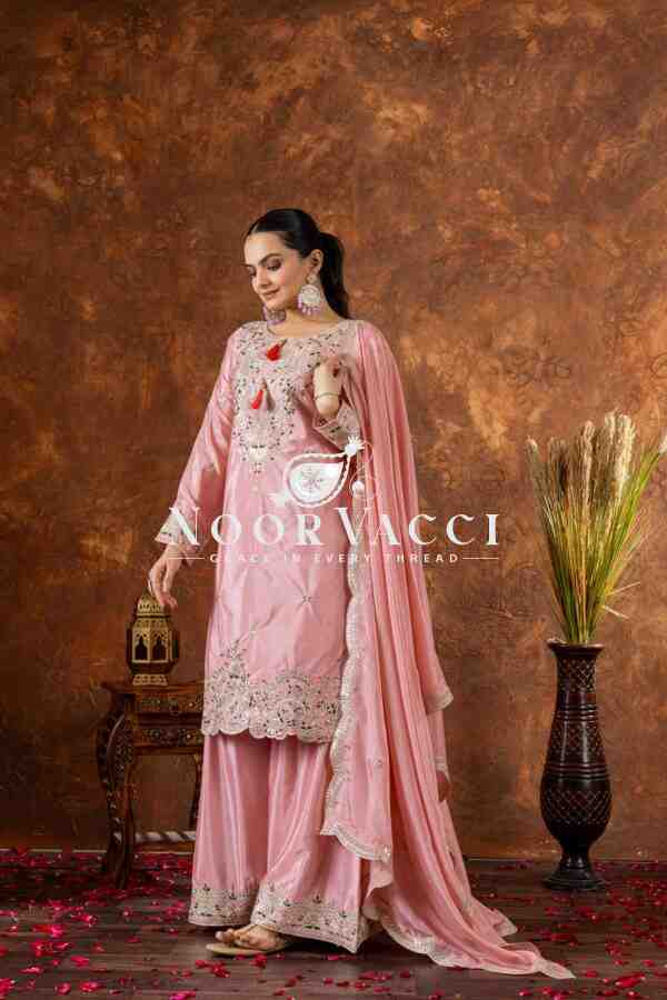 Chinon Silk Embroidered Top Plazzo and Dupatta Set - Image 2