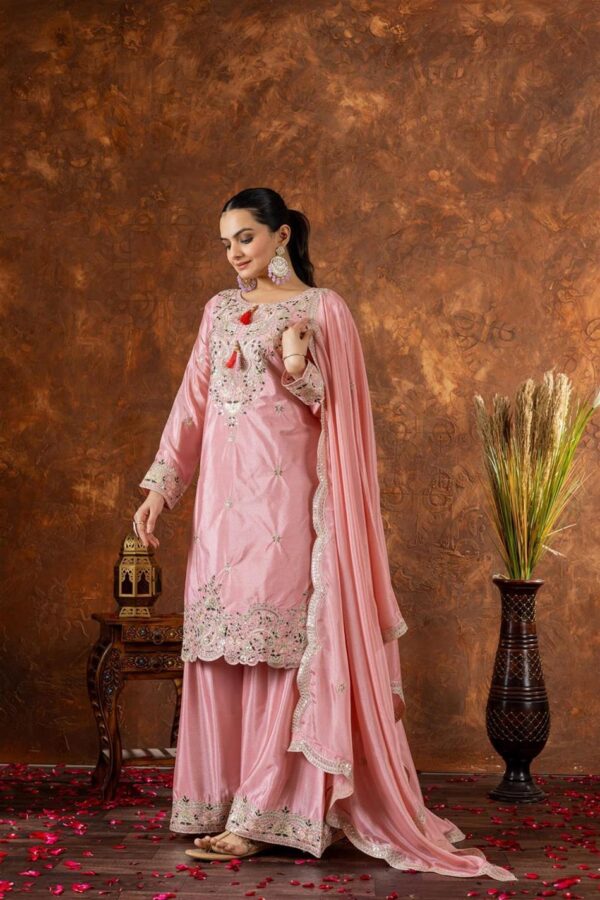 Buy Chinon Silk Embroidered Top Plazzo and Dupatta Set - Image 2
