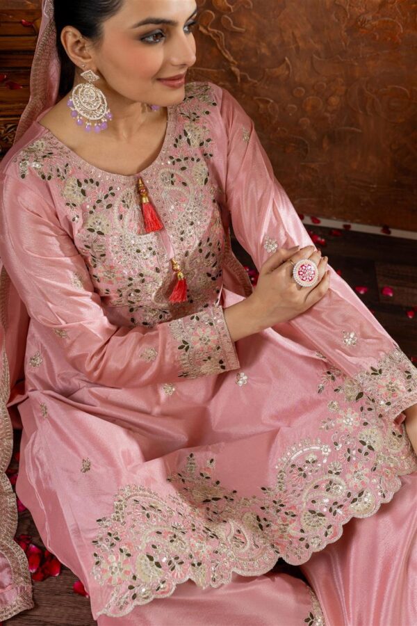 Buy Chinon Silk Embroidered Top Plazzo and Dupatta Set - Image 3