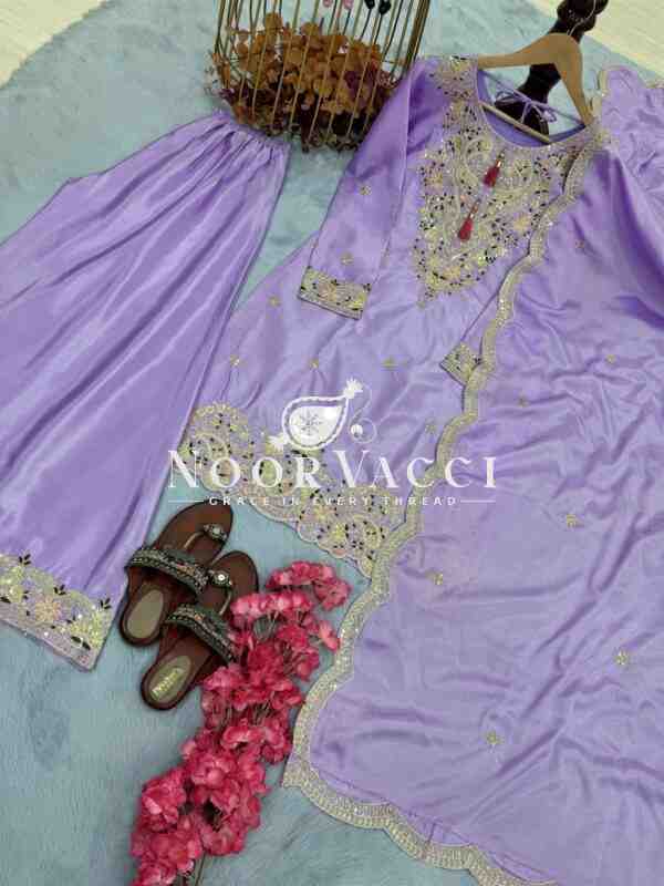 Chinon Silk Embroidered Top Plazzo and Dupatta Set - Image 6