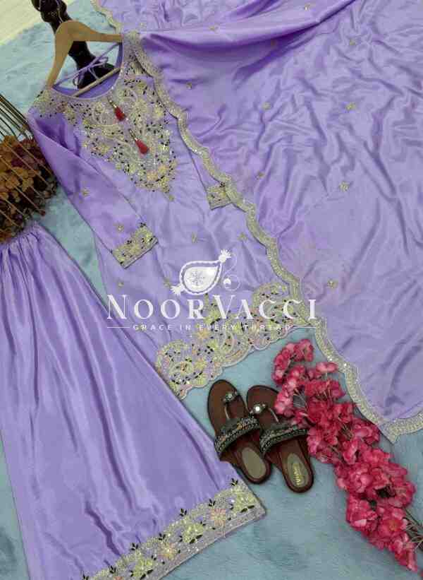 Chinon Silk Embroidered Top Plazzo and Dupatta Set - Image 4
