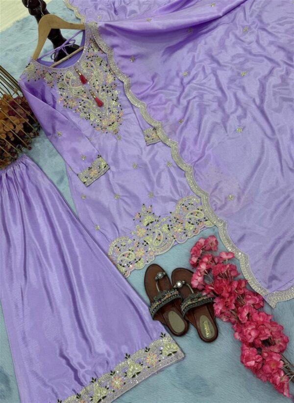 Buy Chinon Silk Embroidered Top Plazzo and Dupatta Set - Image 4