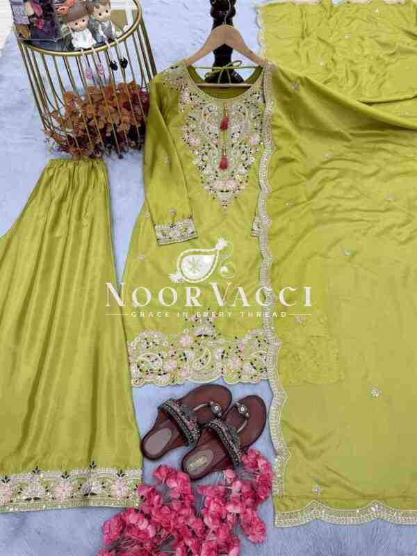 Chinon Silk Embroidered Top Plazzo and Dupatta Set - Image 6