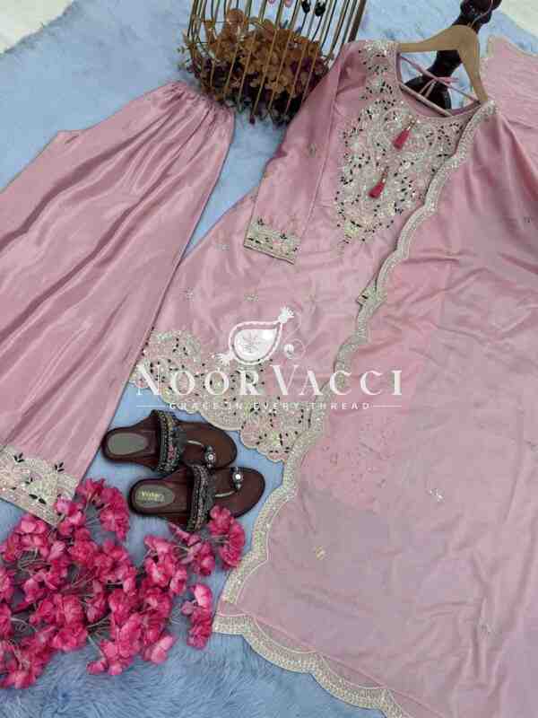Chinon Silk Embroidered Top Plazzo and Dupatta Set - Image 6