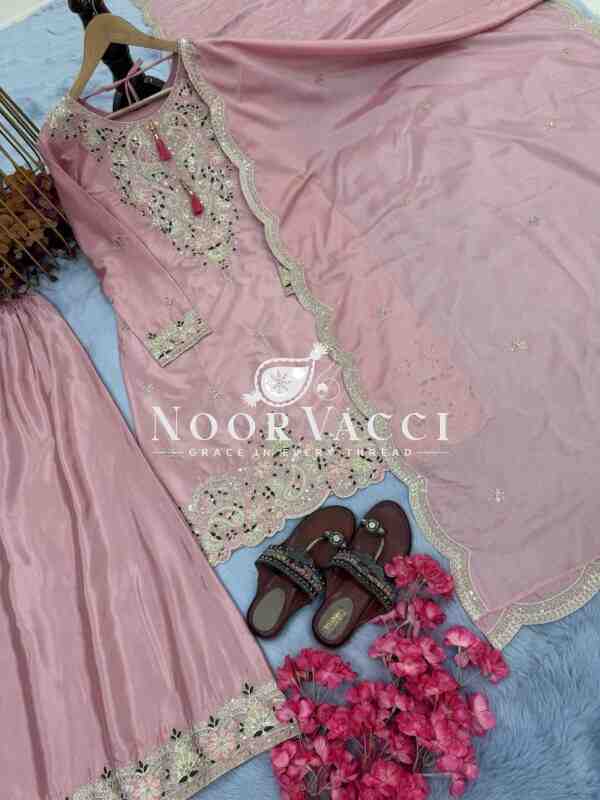 Chinon Silk Embroidered Top Plazzo and Dupatta Set - Image 5