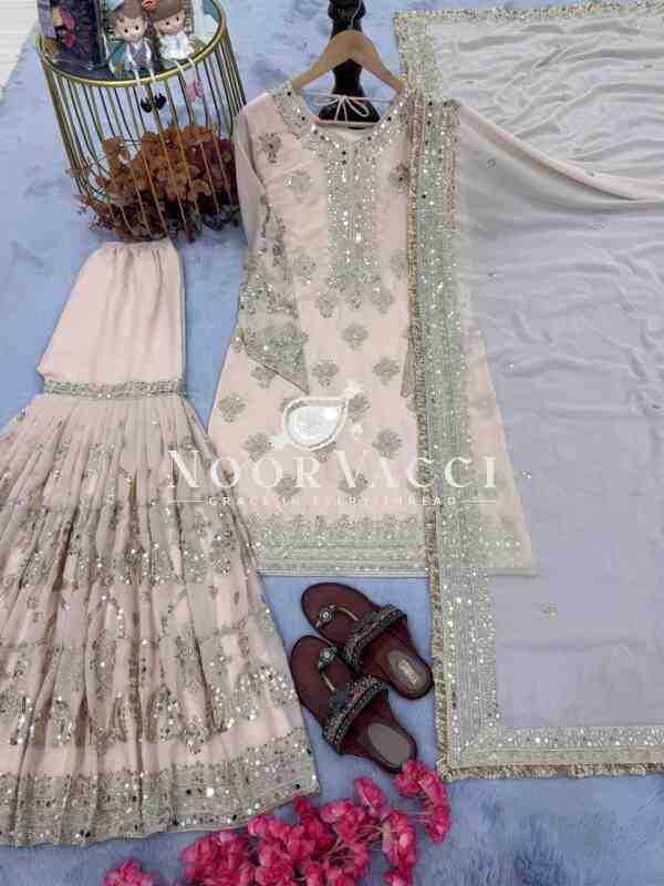 Heavy Faux Georgette Embroidered Top Plazzo and Dupatta Set - Image 8