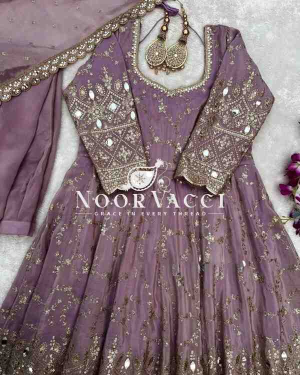 Designer Chinon Silk Anarkali Gown with Dupatta & Bottom Set - Image 2