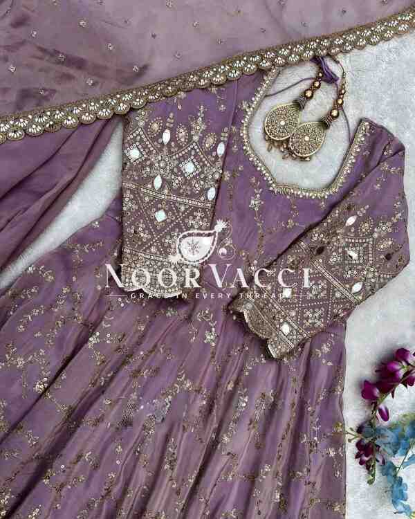 Designer Chinon Silk Anarkali Gown with Dupatta & Bottom Set - Image 4
