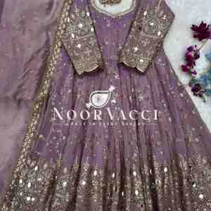 Designer Chinon Silk Anarkali Gown with Dupatta & Bottom Set