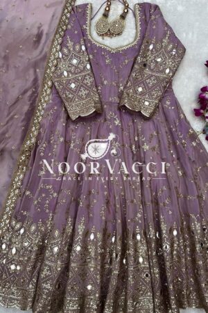Shop Designer Chinon Silk Anarkali Gown with Dupatta & Bottom Set