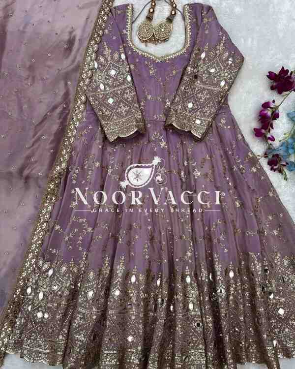 Designer Chinon Silk Anarkali Gown with Dupatta & Bottom Set