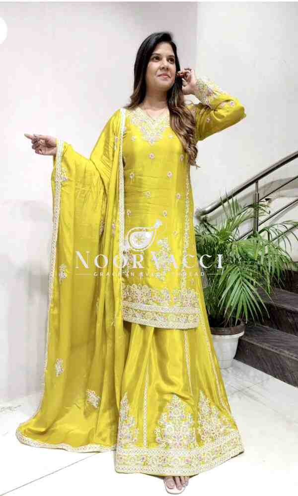 Pure Cinon Silk Top with Sarara and Dupatta Set Fully Stitched Ready To Wear - Image 5