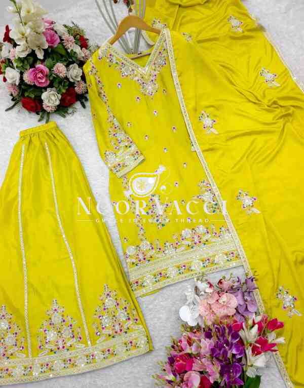 Pure Cinon Silk Top with Sarara and Dupatta Set Fully Stitched Ready To Wear - Image 9