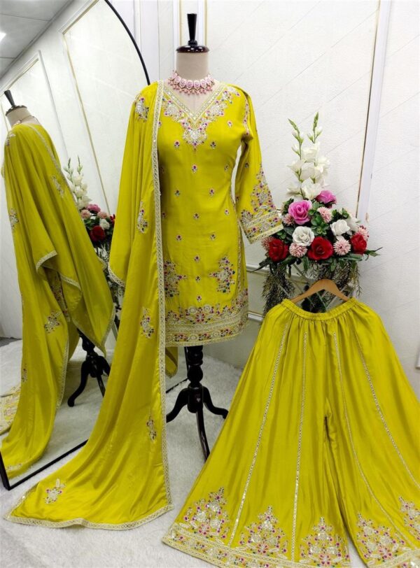 Shop Pure Cinon Silk Top with Sarara and Dupatta Set Fully Stitched Ready To Wear - Image 11