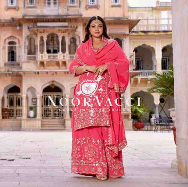 Pure Fox Georgette Embroidered Plazzo Set with Dupatta – Fully Stitched