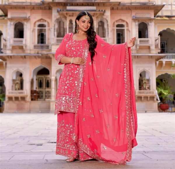 Shop Pure Fox Georgette Embroidered Plazzo Set with Dupatta – Fully Stitched - Image 3
