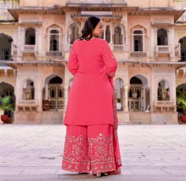 Shop Pure Fox Georgette Embroidered Plazzo Set with Dupatta – Fully Stitched - Image 4
