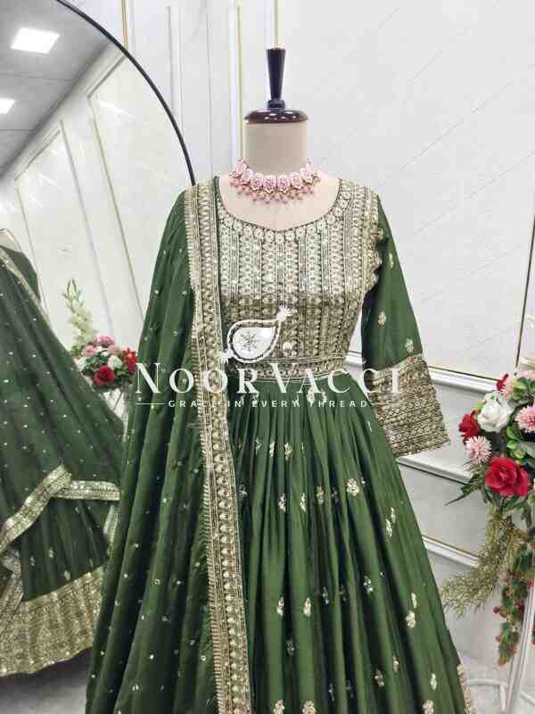 Chinon Silk Embroidered Mendi Rasam Gown-Pant Set with Dupatta - Image 6