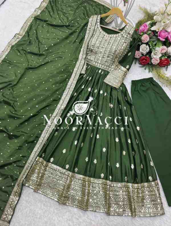 Chinon Silk Embroidered Mendi Rasam Gown-Pant Set with Dupatta - Image 7