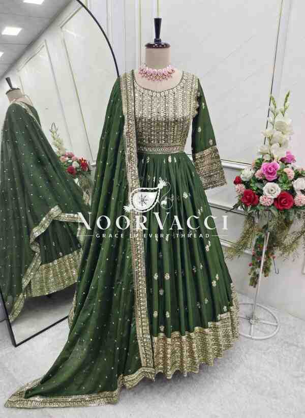 Chinon Silk Embroidered Mendi Rasam Gown-Pant Set with Dupatta - Image 8