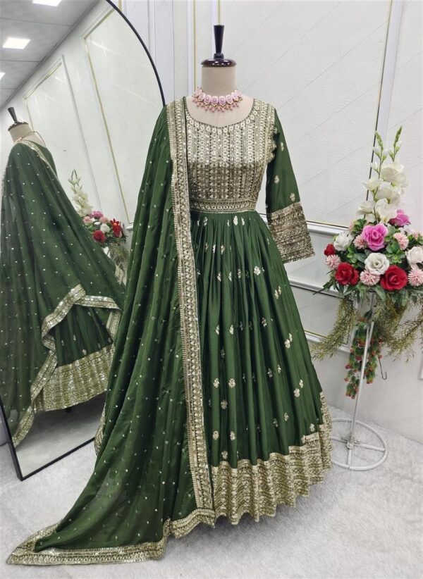 Shop Chinon Silk Embroidered Mendi Rasam Gown-Pant Set with Dupatta - Image 8