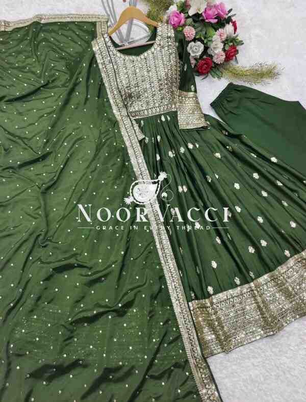 Chinon Silk Embroidered Mendi Rasam Gown-Pant Set with Dupatta - Image 4