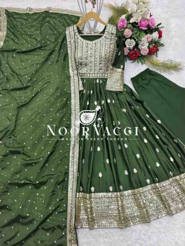 Chinon Silk Embroidered Mendi Rasam Gown-Pant Set with Dupatta - Image 5