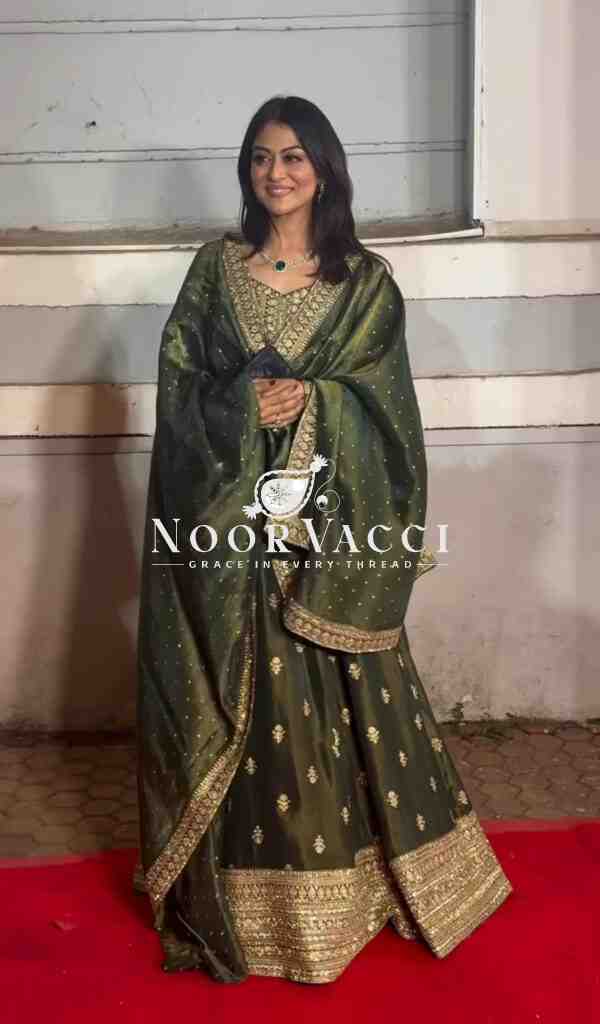 Chinon Silk Embroidered Mendi Rasam Gown-Pant Set with Dupatta - Image 2