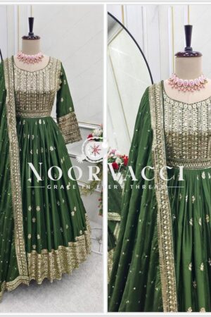 Shop Chinon Silk Embroidered Mendi Rasam Gown-Pant Set with Dupatta