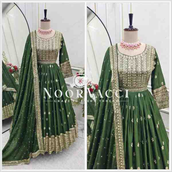 Chinon Silk Embroidered Mendi Rasam Gown-Pant Set with Dupatta